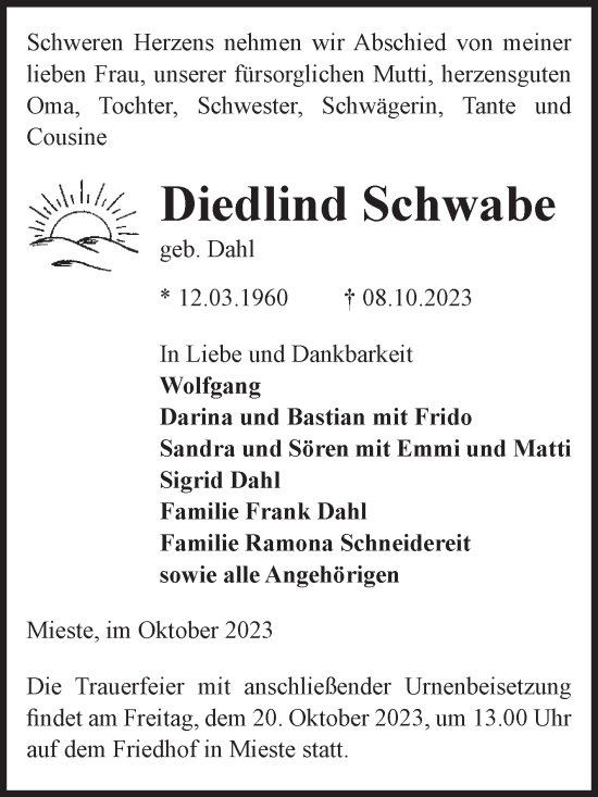 Traueranzeige von Diedlind Schwabe von Volksstimme Altmark West