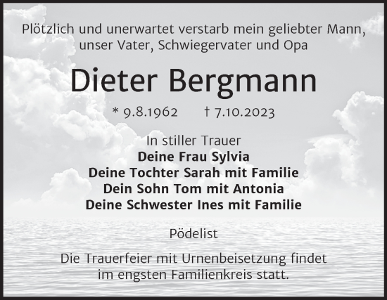 Traueranzeige von Dieter Bergmann von Wochenspiegel Naumburg/Nebra