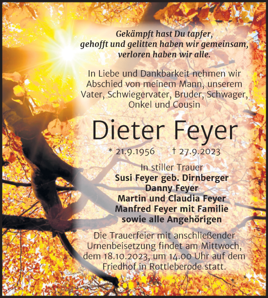 Traueranzeige von Dieter Feyer von Trauerkombi Sangerhausen
