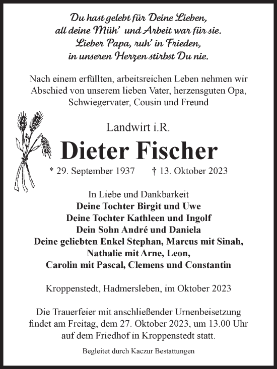 Traueranzeige von Dieter Fischer von Volksstimme Oschersleben/Wanzleben