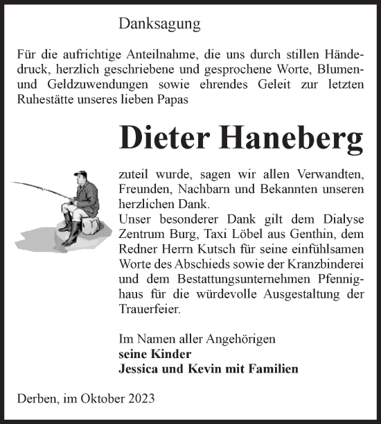 Traueranzeige von Dieter Haneberg von Volksstimme Burg/Genthin