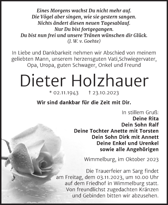 Traueranzeige von Dieter Holzhauer von Trauerkombi Mansfelder Land