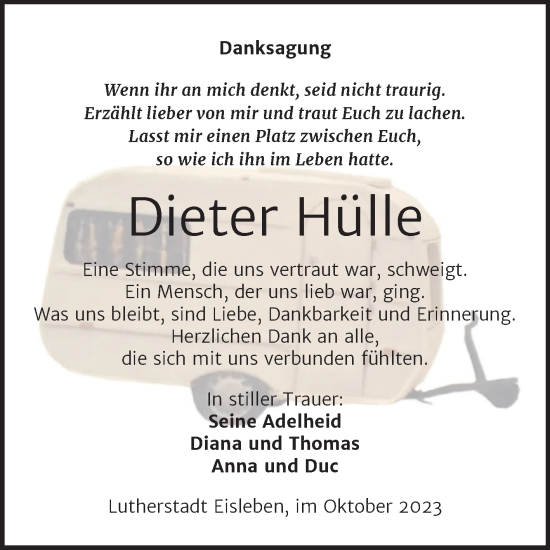 Traueranzeige von Dieter Hülle von Trauerkombi Mansfelder Land