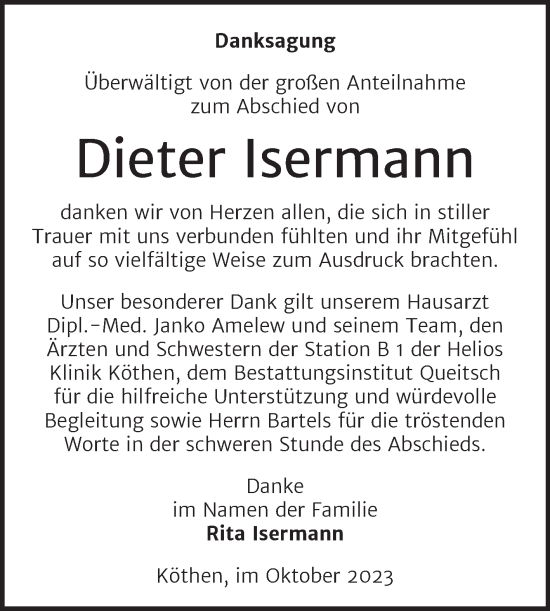 Traueranzeige von Dieter Isermann von Trauerkombi Köthen