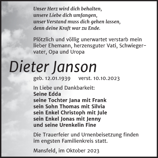 Traueranzeige von Dieter Janson von Trauerkombi Mansfelder Land