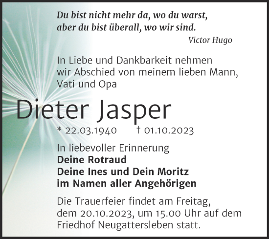 Traueranzeige von Dieter Jasper von Trauerkombi Bernburg