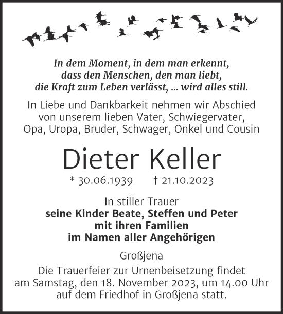 Traueranzeige von Dieter Keller von Naumburger Tageblatt