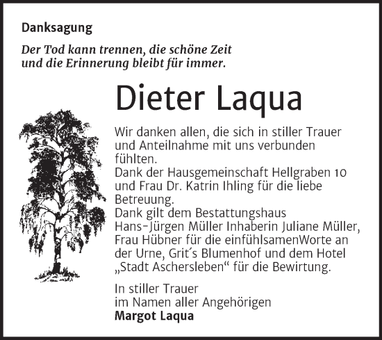 Traueranzeige von Dieter Laqua von Trauerkombi Aschersleben