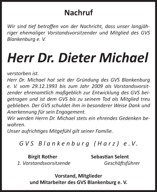 Traueranzeige von Dieter Michael von Volksstimme Wernigerode