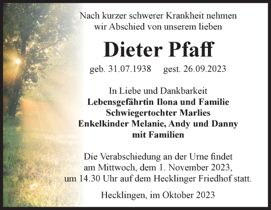 Traueranzeige von Dieter Pfaff von Volksstimme Staßfurt