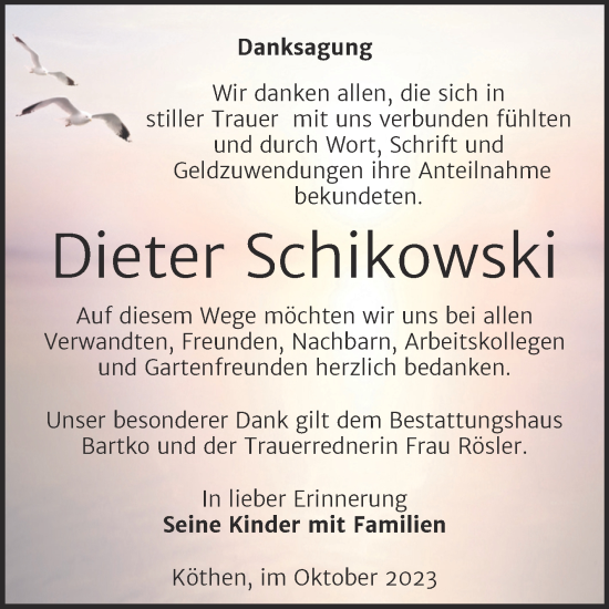 Traueranzeige von Dieter Schikowski von Trauerkombi Köthen