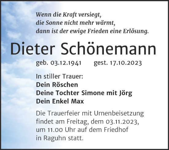 Traueranzeige von Dieter Schönemann von Trauerkombi Bitterfeld