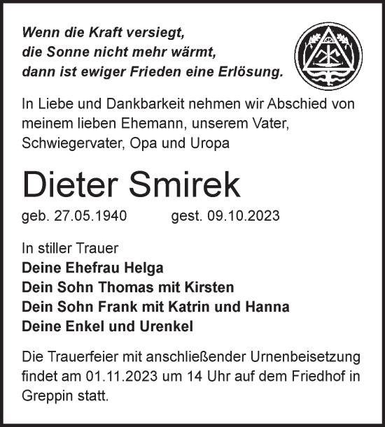 Traueranzeige von Dieter Smirek von Trauerkombi Bitterfeld