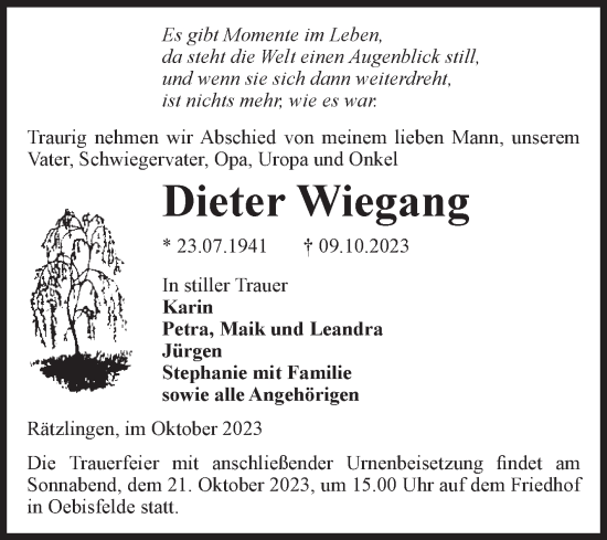 Traueranzeige von Dieter Wiegang von Volksstimme Haldensleben/Wolmirstedt
