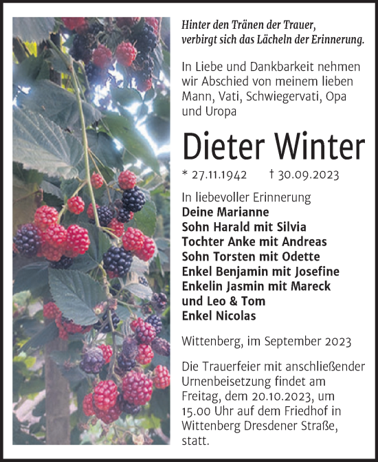 Traueranzeige von Dieter Winter von Trauerkombi Wittenberg