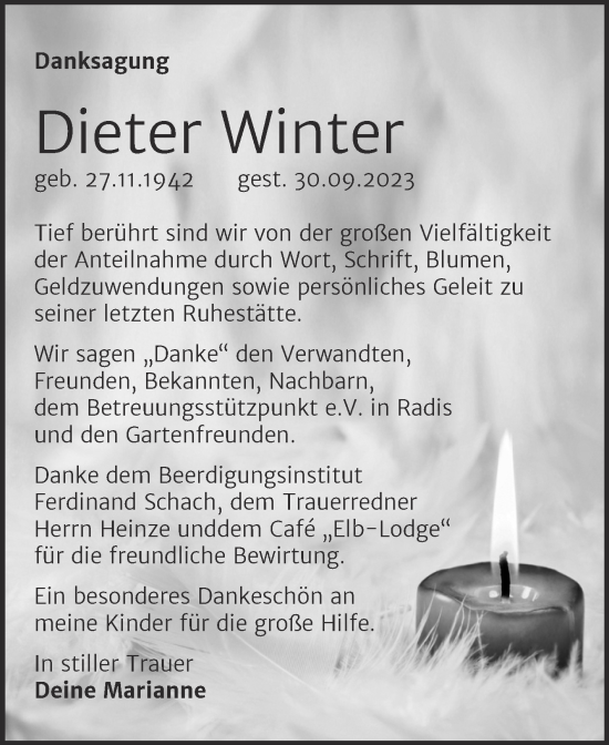 Traueranzeige von Dieter Winter von Trauerkombi Wittenberg