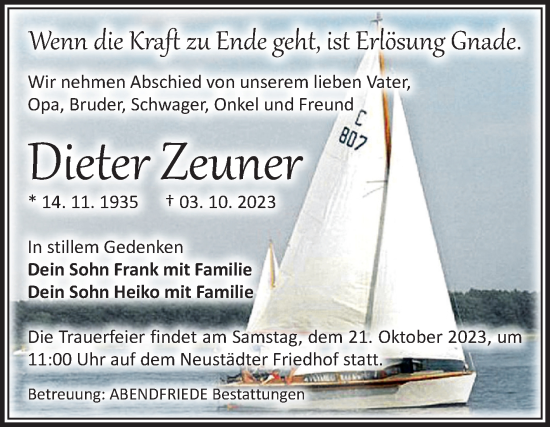 Traueranzeige von Dieter Zeuner von Volksstimme Magdeburg