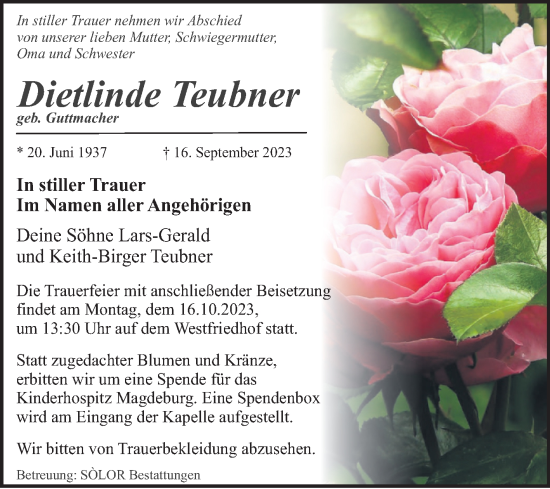 Traueranzeige von Dietlinde Teubner von Volksstimme Magdeburg