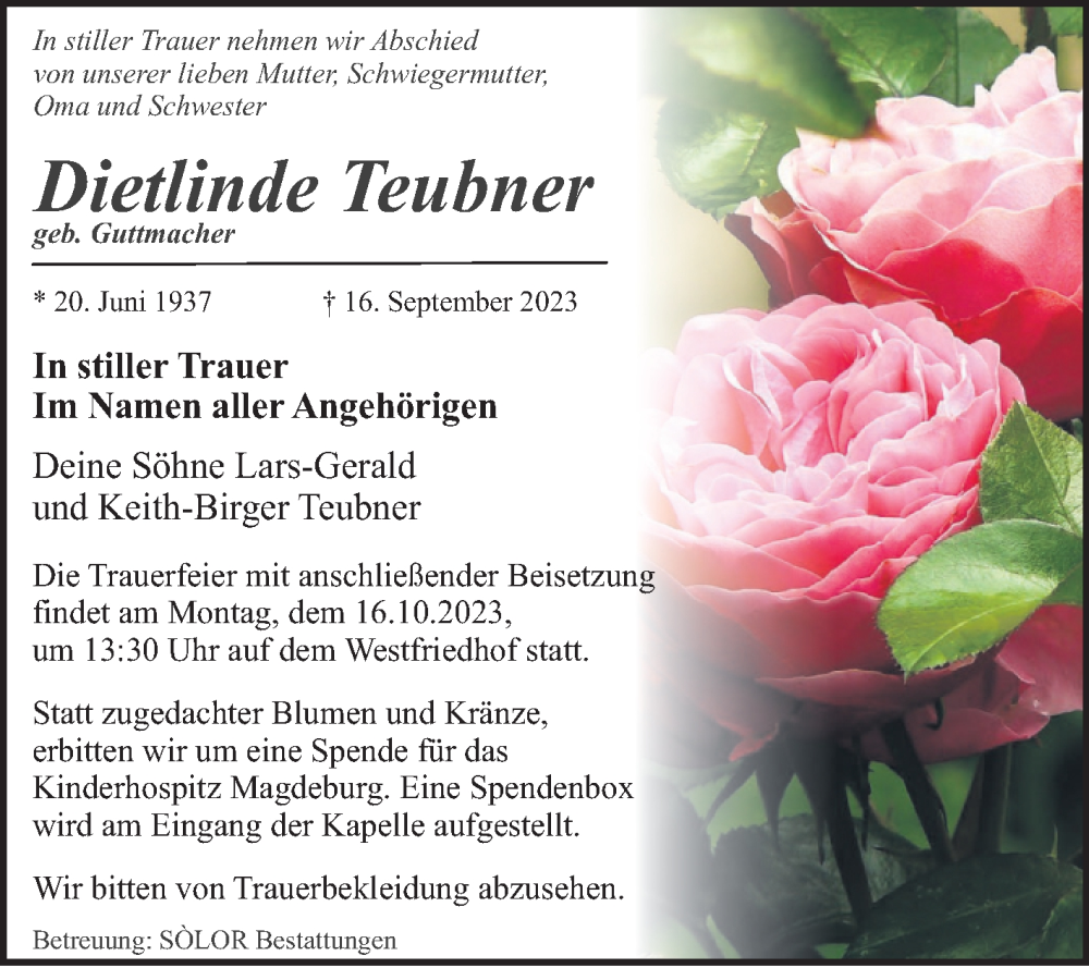  Traueranzeige für Dietlinde Teubner vom 07.10.2023 aus Volksstimme Magdeburg