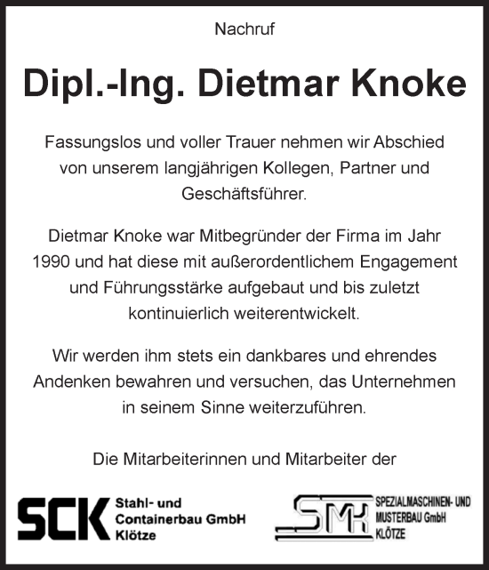 Traueranzeige von Dietmar Knoke von Volksstimme Altmark West