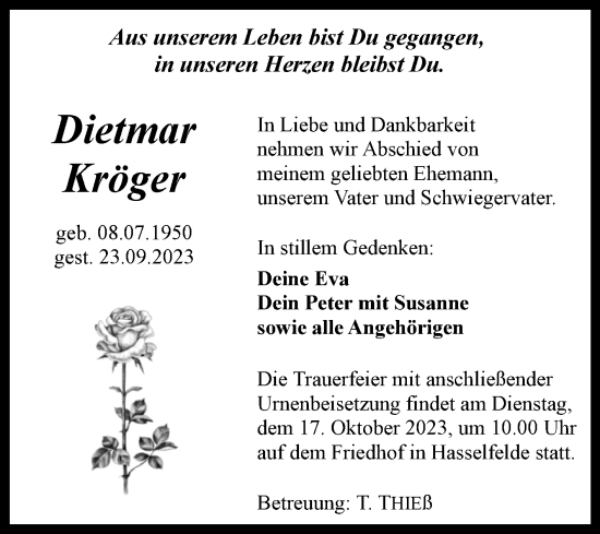 Traueranzeige von Dietmar Kröger von Volksstimme Wernigerode