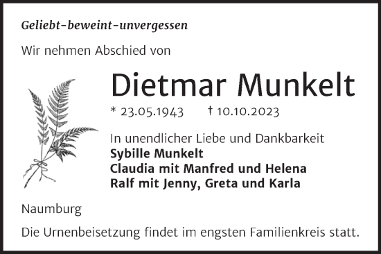 Traueranzeige von Dietmar Munkelt von Wochenspiegel Naumburg/Nebra