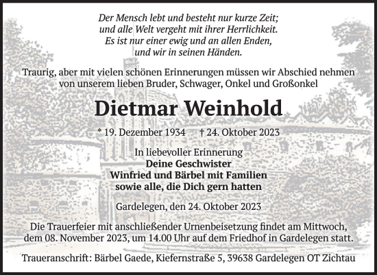 Traueranzeige von Dietmar Weinhold von Volksstimme Altmark West