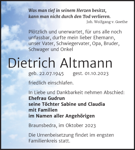 Traueranzeige von Dietrich Altmann von Trauerkombi Merseburg