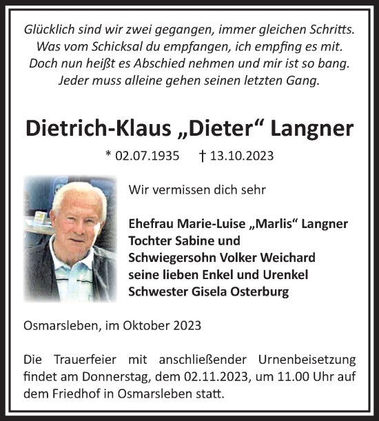 Traueranzeige von Dietrich-Klaus Langner von Volksstimme Staßfurt
