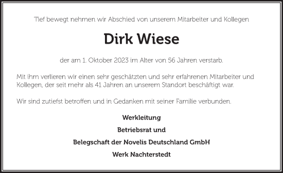 Traueranzeige von Dirk Wiese von Super Sonntag Aschersleben