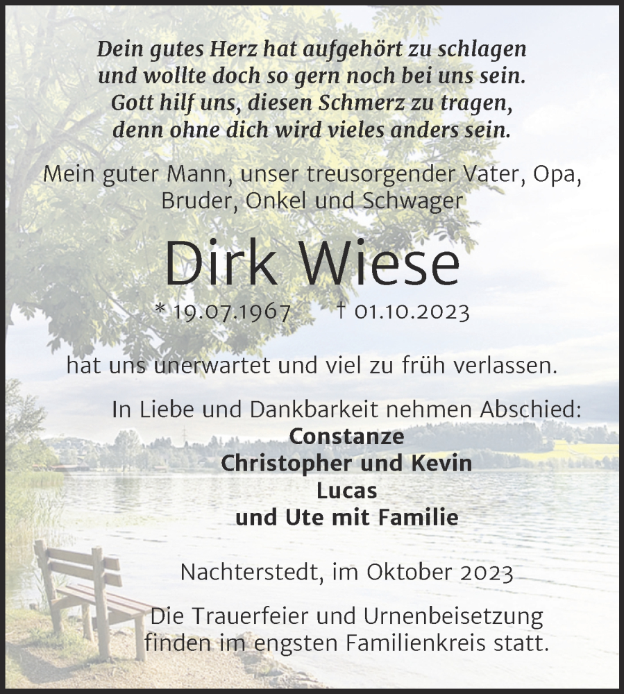  Traueranzeige für Dirk Wiese vom 06.10.2023 aus Trauerkombi Aschersleben