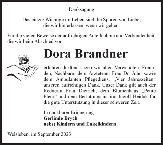 Traueranzeige von Dora Brandner von Volksstimme Schönebeck