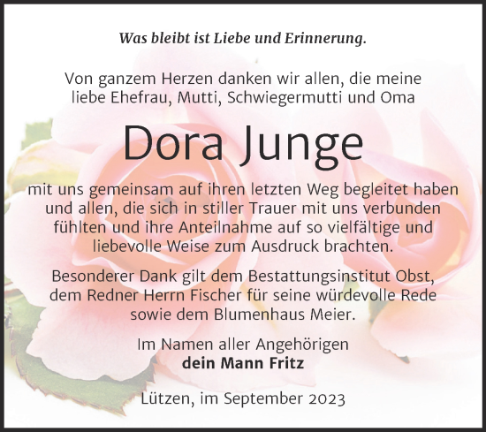 Traueranzeige von Dora Junge von Trauerkombi Weißenfels