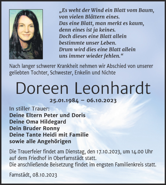Traueranzeige von Doreen Leonhardt von Trauerkombi Merseburg