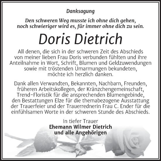 Traueranzeige von Doris Dietrich von Trauerkombi Dessau
