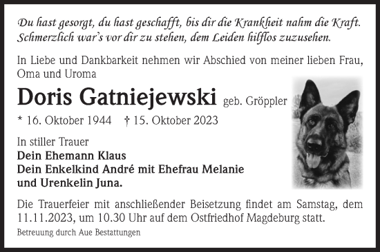 Traueranzeige von Doris Gatniejewski von Volksstimme Magdeburg
