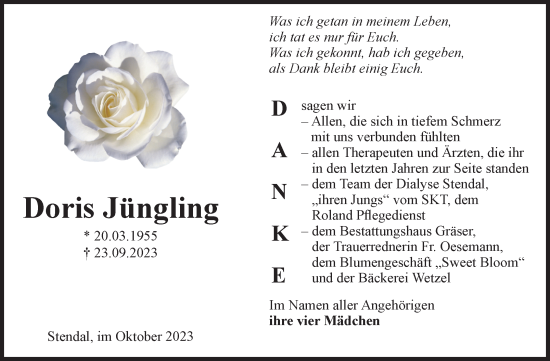 Traueranzeige von Doris Jüngling von Volksstimme Altmark Ost