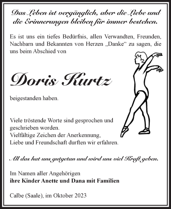 Traueranzeige von Doris Kurtz von Volksstimme Schönebeck