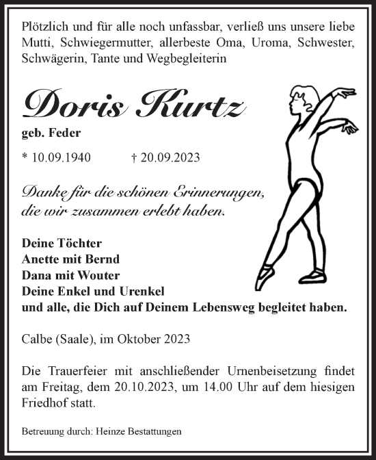Traueranzeige von Doris Kurtz von Volksstimme Schönebeck