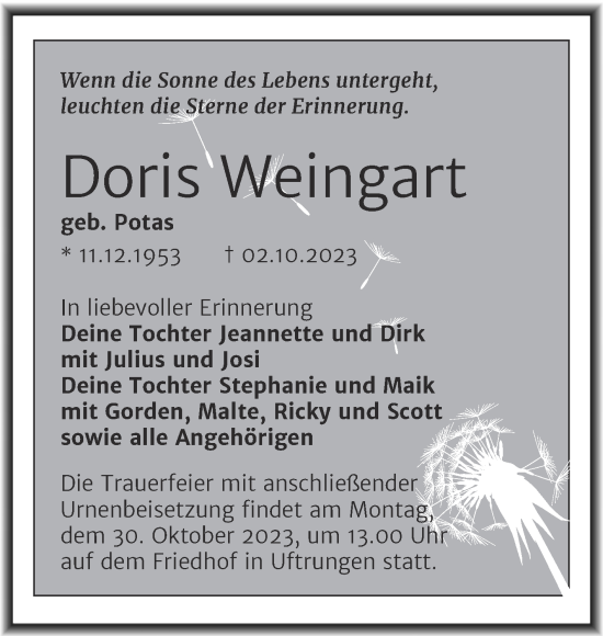 Traueranzeige von Doris Weingart von Trauerkombi Sangerhausen