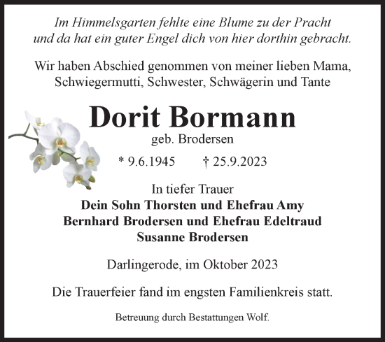 Traueranzeige von Dorit Bormann von Volksstimme Wernigerode