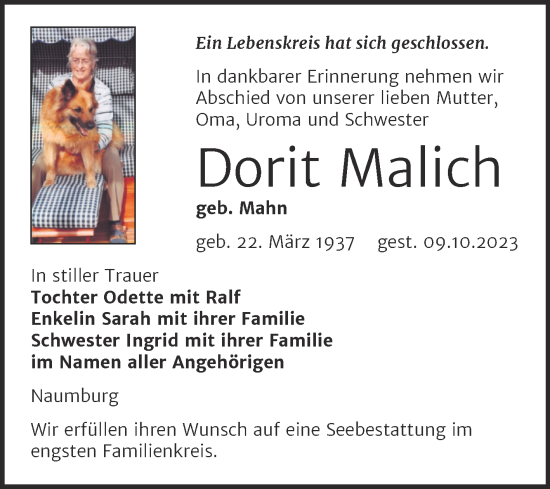 Traueranzeige von Dorit Malich von Wochenspiegel Naumburg/Nebra