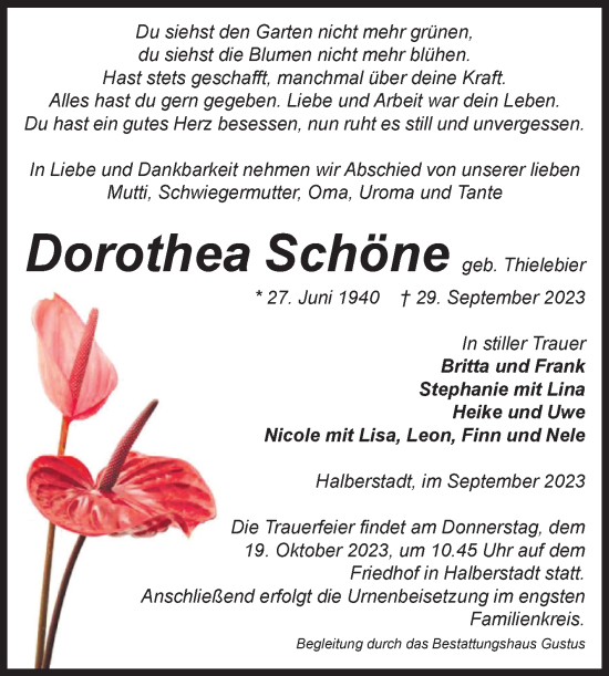 Traueranzeige von Dorothea Schöne von Volksstimme Halberstadt