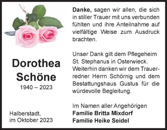 Traueranzeige von Dorothea Schöne von Volksstimme Halberstadt