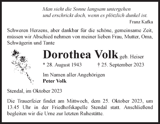 Traueranzeige von Dorothea Volk von Volksstimme Altmark Ost