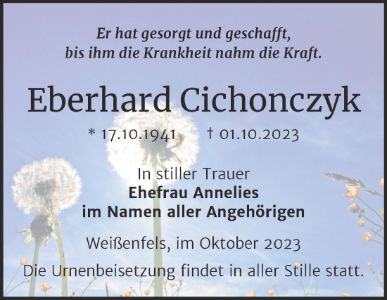 Traueranzeige von Eberhard Cichonczyk von Trauerkombi Weißenfels