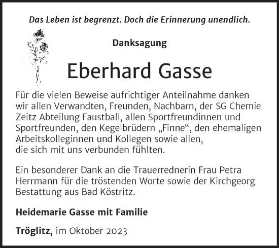 Traueranzeige von Eberhard Gasse von Trauerkombi Zeitz