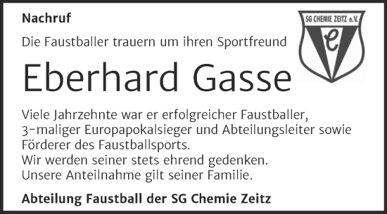 Traueranzeige von Eberhard Gasse von Trauerkombi Zeitz