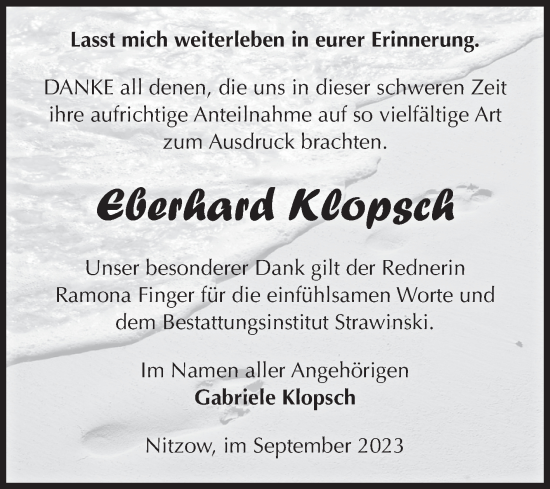 Traueranzeige von Eberhard Klopsch von Volksstimme Altmark Ost