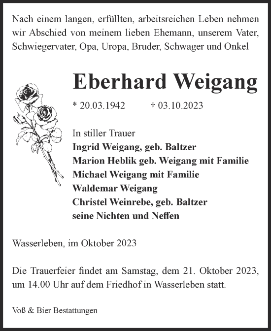 Traueranzeige von Eberhard Weigang von Volksstimme Wernigerode